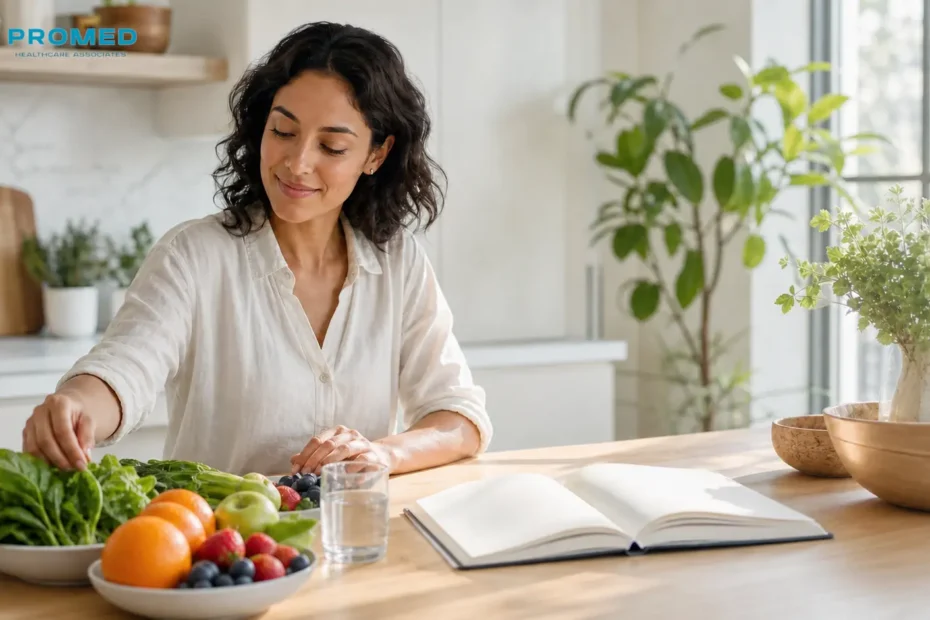 Woman preparing healthy foods before pregnancy with PROMED logo