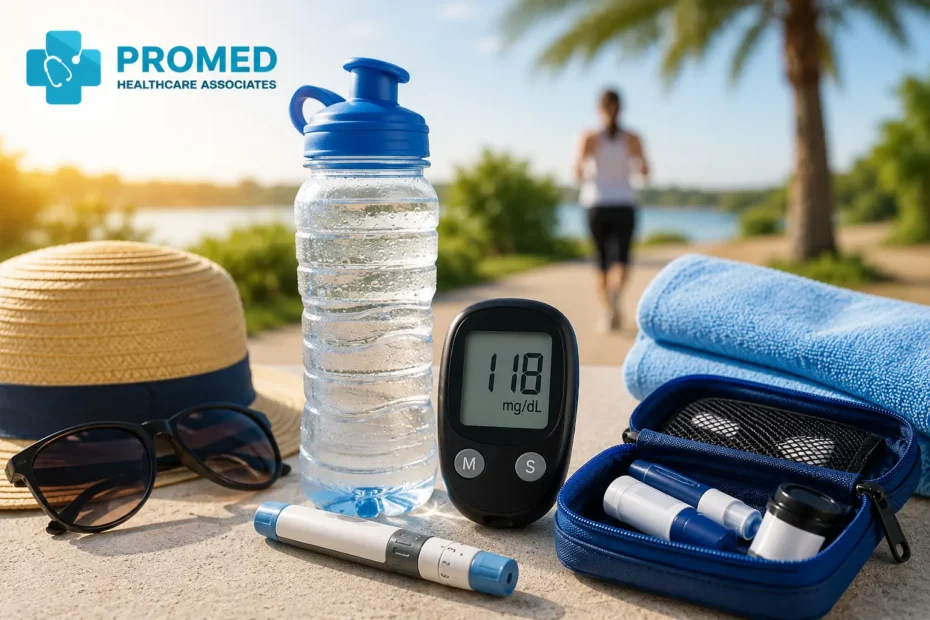 How to manage diabetes in summer with hydration, glucose monitoring, and outdoor safety tips for people with diabetes in Aubrey, TX.