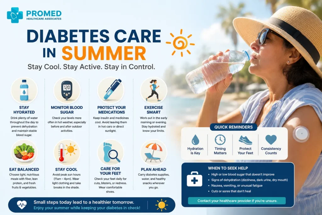 Infographic showing essential summer diabetes management tips including hydration, blood sugar monitoring, medication safety, foot care, and heat protection.